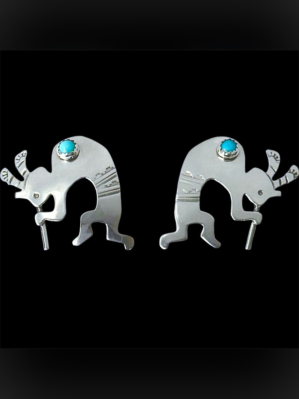 VTG Native American Navajo Sleeping Beauty Turquoise Silver Kokopelli Earrings